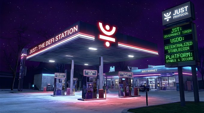 A stylized 3D render of a 'JUST DEFI STATION' gas station at night, featuring a glowing logo and signage advertising 'JST Governance Token USDO Decentralized Stablecoin Platform: Stable & Secure' with neon purple lighting.
