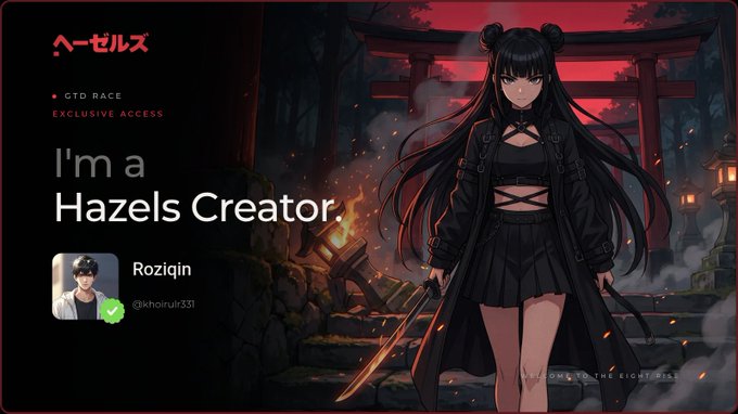 A promotional banner for "HAZELS" announces "I'm a Hazels Creator," featuring an anime-style illustration of a dark-haired female warrior with twin buns and a sword against a red-toned shrine backdrop, crediting creator "Roziqin (@khoirulr33)."