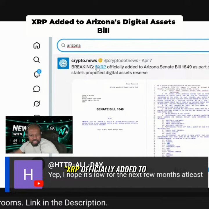 The image features a man talking about the Arizona State Senate Bill 1649, which now includes Bitcoin as part of a digital asset reserve. The bill has been added to the state's digital assets reserves. This is a significant step for the future of digital assets in Arizona since it opens up possibilities for more diverse forms of currency and allows for better management and storage of these assets.