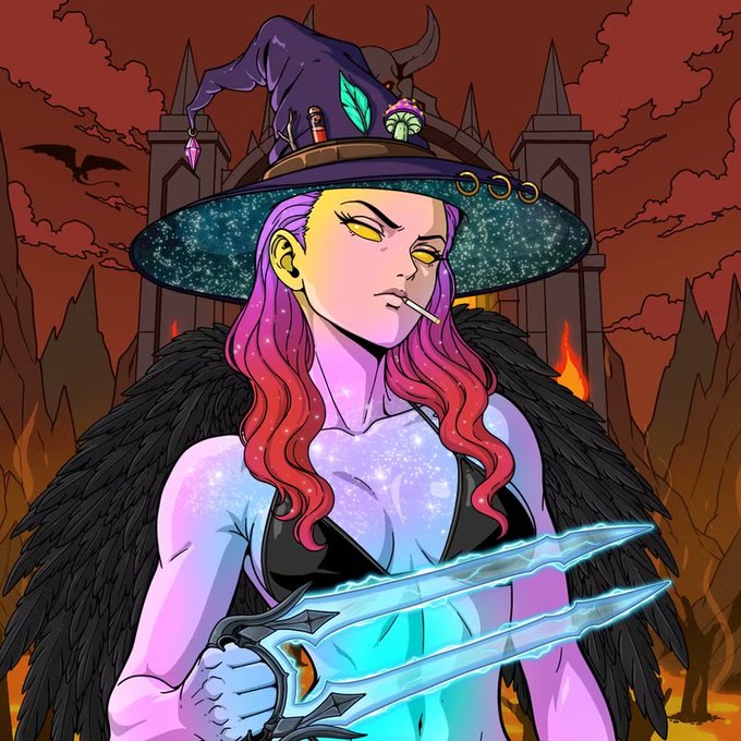 A colorful fantasy illustration depicts a red-and-pink-haired witch in a wide, glittery hat holding a glowing blue sword against a fiery castle backdrop.