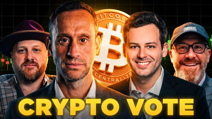 A promotional thumbnail showing four men pictured in front of a Bitcoin logo and green candlestick chart, with bold yellow text reading "CRYPTO VOTE" at the bottom, advertising a live YouTube discussion about Bitcoin and the crypto vote at 9 AM EST.