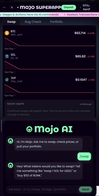 The image shows a cell phone screen displaying a conversation with a friend about a Defi app called "Mjo AI" which allows users to access DeFi across chains without needing to manage gas tokens or jump between apps. The user has already connected their solana wallet and is discussing the app's features, such as its ability to send money via chat messages.