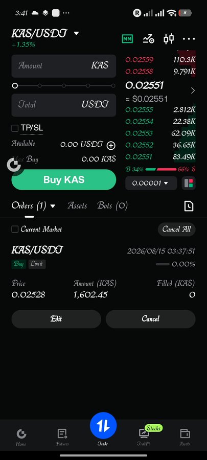 A mobile crypto trading app showing a KAS/USDJ buy order screen with current price at 0.02551 and a pending buy order at price 0.02528 for 1,602.45 KAS.