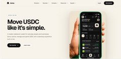 A promotional image showcases a smartphone displaying the Arivo wallet app interface on the right, with the text "Move USDC like it's simple." on the left, announcing Arivo as a modern stablecoin wallet built on Arc.