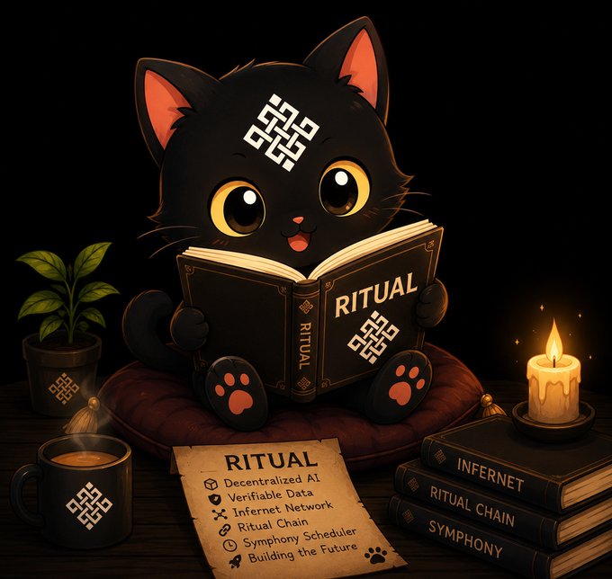 Chibi-style illustration of a black cat with a knot symbol on its forehead reading a book titled 'RITUAL', surrounded by candles, books labeled 'INFERNET' and 'SYMPHONY', and a paper describing Decentralized AI and Ritual Chain.