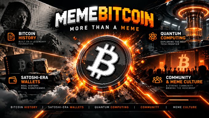 A 'MEMEBITCOIN' promotional graphic with sections labeled 'BITCOIN HISTORY', 'SATOSHI-ERA WALLETS', 'QUANTUM COMPUTING', and 'COMMUNITY & MEME CULTURE'.