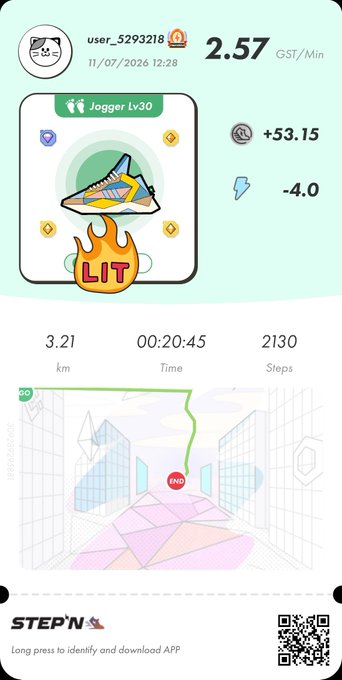 A STEP'N app activity receipt showing a run of 3.21 km, 00:20:45 time, 2130 steps, with GST earned at 2.57/Min and a 'LIT' sneaker NFT.