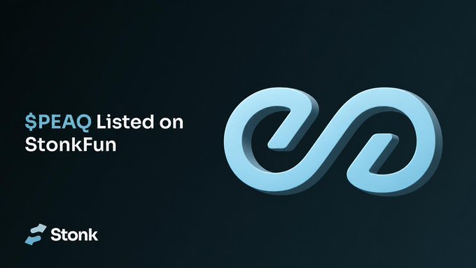 A promotional graphic with a dark navy background announces "$PEAQ Listed on StonkFun" alongside a large 3D light-blue infinity-style logo, with the "Stonk" wordmark in the lower-left corner—visually reinforcing the post's news that $PEAQ trading pairs are now available on the StonkFun launchpad.
