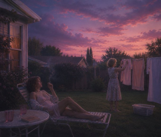A sunset scene in a backyard where one woman smokes on a lounge chair while another hangs laundry on a clothesline, with a laundry basket nearby.