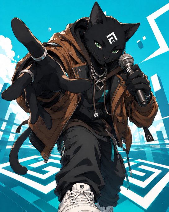 An anime-style illustration depicts an anthropomorphic black cat character wearing a brown jacket and silver chains, holding a microphone and reaching toward the viewer against a bright cyan geometric background.