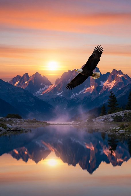 The image features a majestic eagle flying over a beautiful mountain range with a lake below. The sun is setting behind the mountains, creating a stunning backdrop for the eagle's flight path. The photo captures the essence of nature and wildlife, showcasing the beauty of the landscape while highlighting the bird in mid-flight.