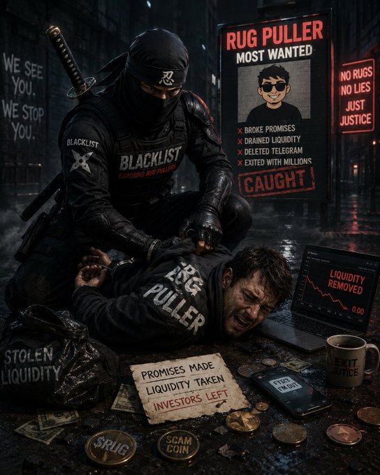 A dramatic AI-generated image showing a ninja-like figure in 'BLACKLIST EXPOSING RUG PULLERS' gear apprehending a man labeled 'RUG PULLER,' with a 'RUG PULLER MOST WANTED CAUGHT' wanted poster listing offenses like 'Broke Promises' and 'Drained Liquidity.'