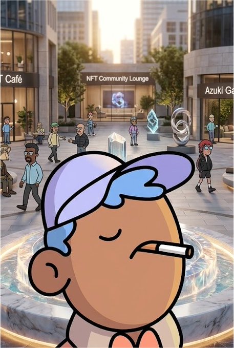 An animated illustration of a blue-haired cartoon character smoking a cigarette, set against a backdrop of an NFT Community Lounge with crypto sculptures and cafes in a modern city plaza.