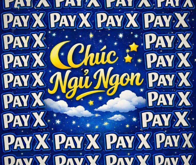 A graphic with a starry night sky and clouds background, featuring the text "Chúc Ngủ Ngon" (Good Night in Vietnamese) with a crescent moon, surrounded by repeating "PAY X" text.