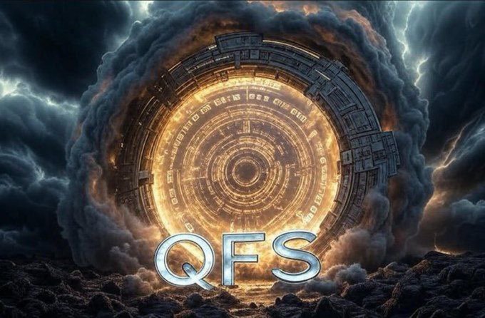 A dramatic digital artwork featuring a glowing golden circular portal or technological artifact emerging from dark storm clouds, with the letters 'QFS' displayed prominently in silver.