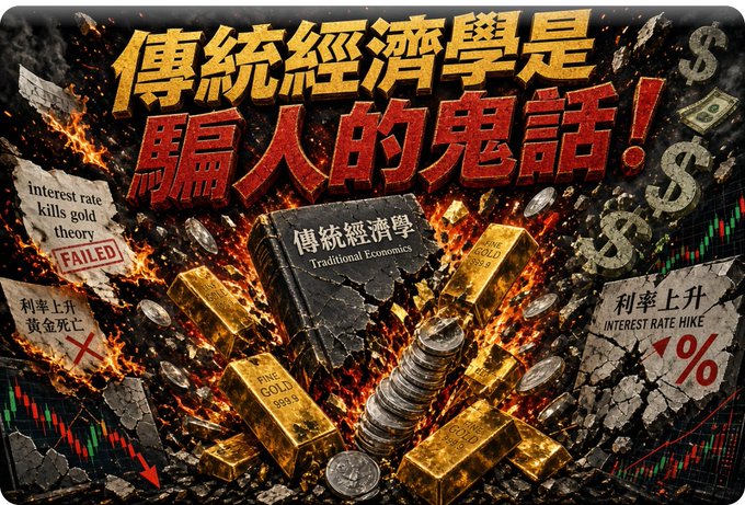 a dramatic graphic with chinese text claiming traditional economics is a lie, showing burning books, gold bars, and charts labeled 'interest rate kills gold theory failed' and 'interest rate hike'