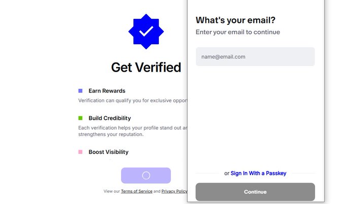 A 'Get Verified' sign-up page featuring a blue verification badge, benefits including 'Earn Rewards', 'Build Credibility', and 'Boost Visibility', alongside an email entry prompt with a 'Continue' button.