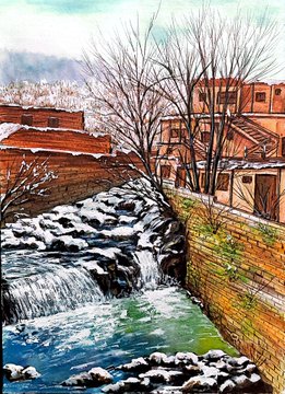 The image features an artistic watercolor painting of a river with snow-covered banks, surrounded by buildings. The painting captures the essence of winter in a serene setting. The artist has used various shades of blue, green, and brown colors to depict the natural elements like trees, rocks, and water. The post reads "Gm my fam⚘ Have a great day physical painting" which suggests that the artist is sharing their work with others or encouraging them to appreciate the beauty of nature during winter.

The image also includes text in the caption about winter, which could be related to the artist's inspiration for creating this painting or simply an observation about the season. The combination of art and nature creates a visually appealing scene that can evoke feelings of tranquility and appreciation for the environment.