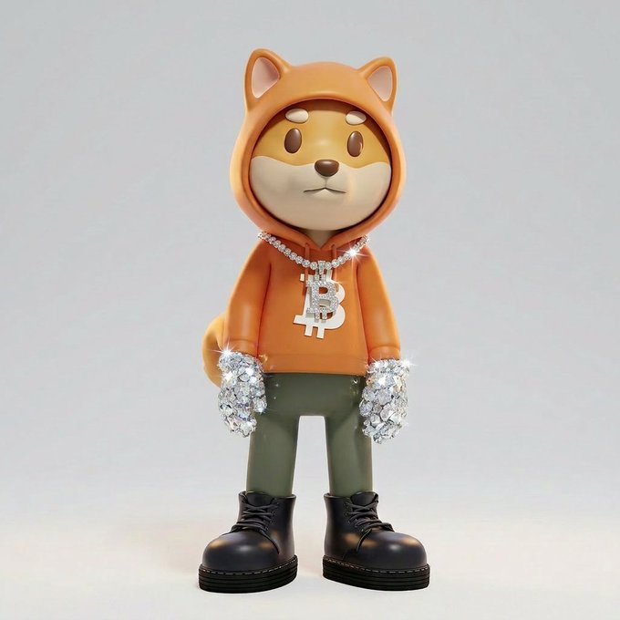 A 3D rendering of a Shiba Inu figurine dressed in an orange hoodie with a Bitcoin symbol, wearing large diamond rings and chains, representing a 'crypto bro' aesthetic.