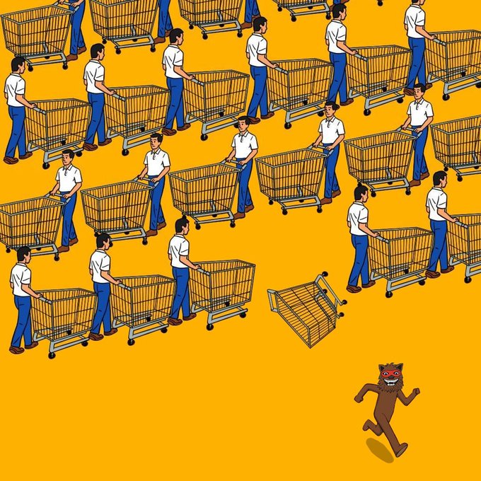 An Isometric-style illustration on a yellow background featuring many identical men in white shirts and blue pants pushing shopping carts, with an empty tipped-over cart in the center and a small running monster figure in the bottom right corner.