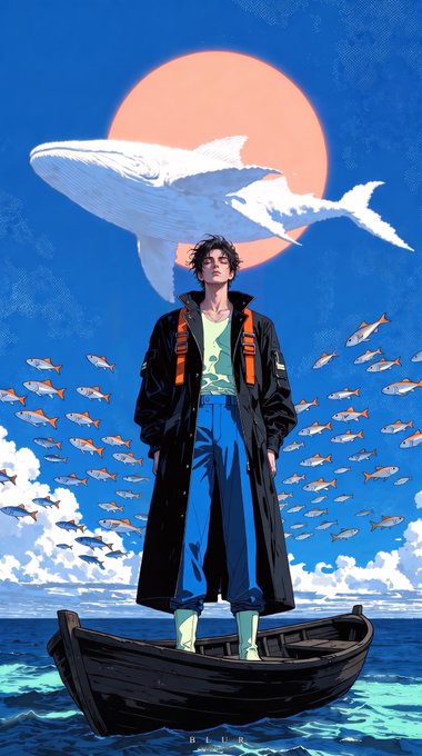 Anime-style artwork featuring a dark-haired male character in a long black coat standing in a small wooden boat on the ocean, with a flying whale, seagulls, schools of fish, and a large peach-colored sun in the background.