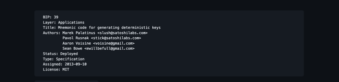 A code snippet displays BIP-39 metadata including its title "Mnemonic code for generating deterministic keys," authors Marek Palatinus, Pavol Rusnak, Aaron Voisine, and Sean Bowe, 2013-09-10 assignment date, and MIT license. The image relates to the post by illustrating the original BIP-39 specification document, supporting the user's point that seed phrases date back to 2013 and may be due for reevaluation.