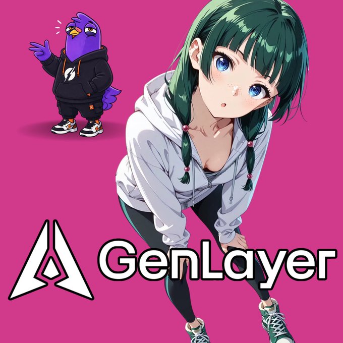 Promotional artwork for 'GenLayer' featuring an anime-style girl with green braided hair in athletic wear on a bright pink background, alongside a small purple bird mascot wearing a black hoodie. The GenLayer logo and name appear at the bottom.