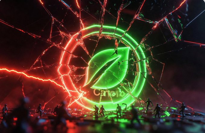 The image features a neon green leaf logo with the word "CANO" written below it, surrounded by a group of people who appear to be dancing around it. The background consists of a dark sky filled with lightning bolts, creating an intense atmosphere. The text in the image reads "Canopy Network strength that anyone can spin up a sub chain, become a validator, or contribute. But that openness creates a massive trust problem Serious builders get lost next to copy paste forks. Reliable validators drown in noise." This post seems to be discussing the concept of Canopy Network and its unique approach to building networks.