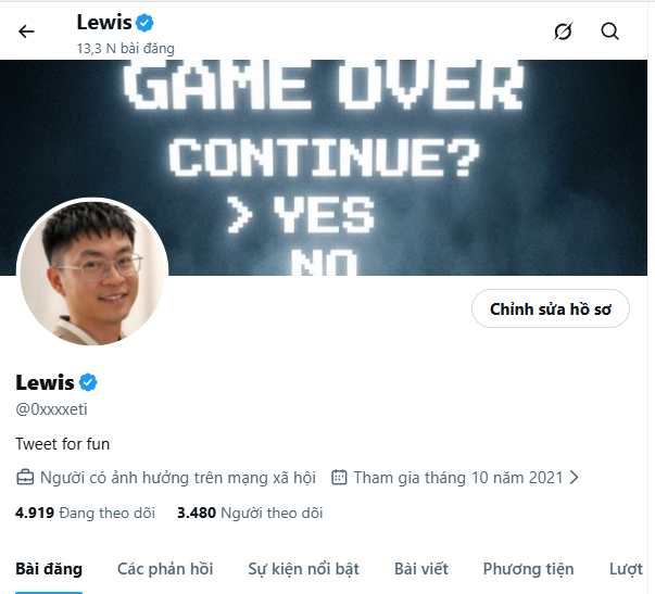 A Twitter/X profile page for 'Lewis' (@0xxxeti), a verified account with 4,919 Following and 3,480 Followers, featuring a 'Game Over, Continue?' banner and the description 'Tweet for fun.'