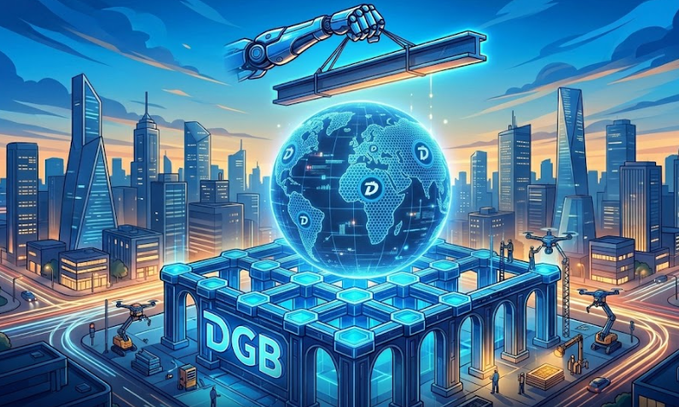 The image depicts a futuristic, blue-toned cityscape with "DGB" prominently displayed on a fortified structure at the center, overlaid with a glowing digital globe and surrounded by drones, cranes, and surveillance technology—symbolizing strength, security, and global reach. Above the scene, a robotic arm hovers as if constructing or reinforcing the DGB foundation, visually reinforcing the post's message that DigiByte's core fundamentals of security, decentralization, and resilience remain solid and actively being built upon, even when market attention drifts elsewhere.
