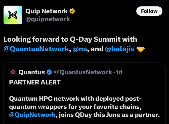 The image features a Twitter post from Quip Network, which is promoting an event called QDay Summit with Quantum Computing. The post includes a photo of a person's face along with text that reads "Looking forward to Q-Day Summit with @quipnetwork QNetwork". The caption also mentions the involvement of Quip Network in this event and highlights their partnership with Quantum Computing.