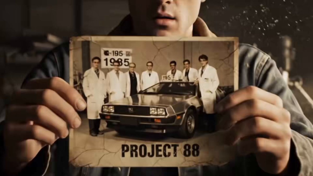 The image features a man holding up an old photo of himself and his friends from the first season of The Time Machine. The group consists of five people, all dressed in lab coats, with Marty 2.0 and Doc 88 prominently displayed on the picture. The caption below the photo reads "FIRST EPISODE IS OUT RIGHT NOW THE TIME MACHINE just delivered. Marty 
2.0 and Doc 88 are in full effect, the first 3-minute banger of the official $TIME cartoon series is LIVE. Expect insane animation, timeline heists, meme chaos, and pure degen energy."
