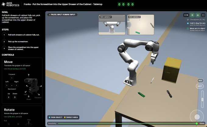A screenshot of a robotics training interface showing a simulated robotic arm tasked with putting a screwdriver into a cabinet drawer.