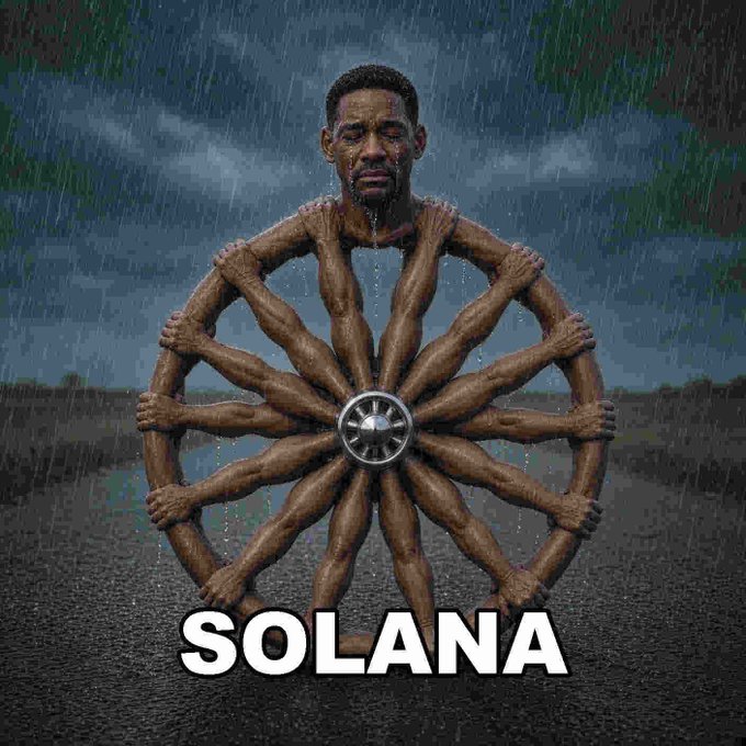 A surreal image depicting multiple muscular arms forming a wheel shape, topped with Will Smith's head standing in the rain, with 'SOLANA' written in large white text below.