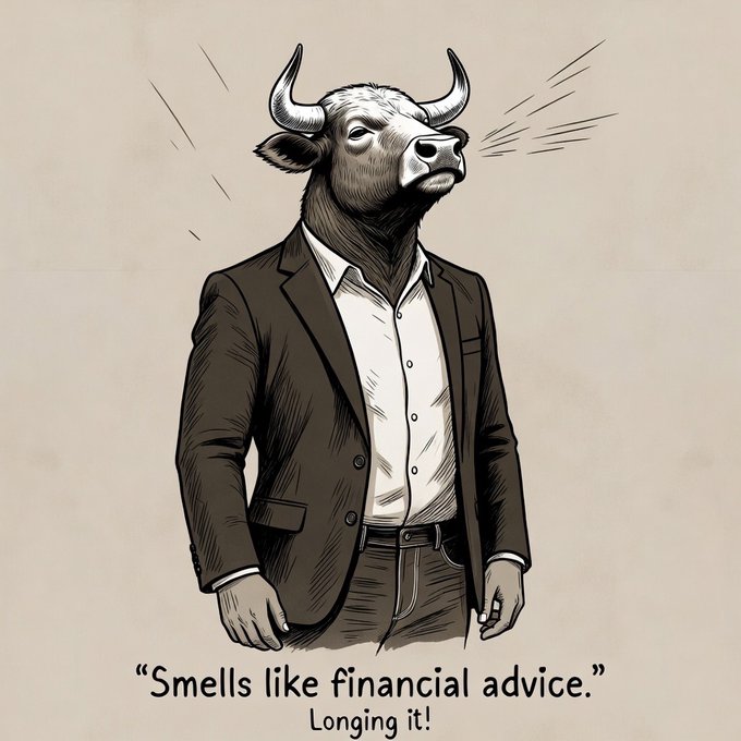An illustrated drawing of a bull wearing a dark suit and white shirt, with the caption 'Smells like financial advice.' and 'Longing it!' beneath it.