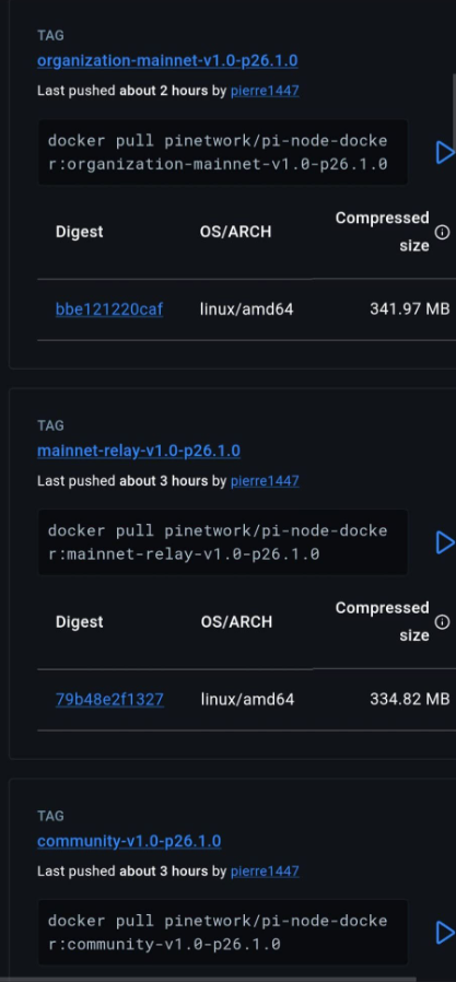 Docker Hub page showing Pi Network node version P26.1.0 tags for "organization-mainnet-v1.0-p26.1.0" (341.97 MB, digest bbe121220caf), "mainnet-relay-v1.0-p26.1.0" (334.82 MB, digest 79b48e2f1327), and "community-v1.0-p26.1.0", all pushed by pierre1447 in the past 2-3 hours, corresponding to the official Pi team's release of node image P26.1.0 for organizations, relays, and communities.