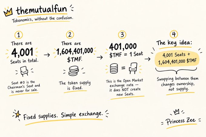 An infographic titled 'themutualfun' with the subtitle 'Tokenomics, without the confusion' explaining that there are 4,001 seats and 1,604,401,000 $TMF tokens, with an exchange rate of 401,000 $TMF = 1 Seat, signed 'Princess Zee'.