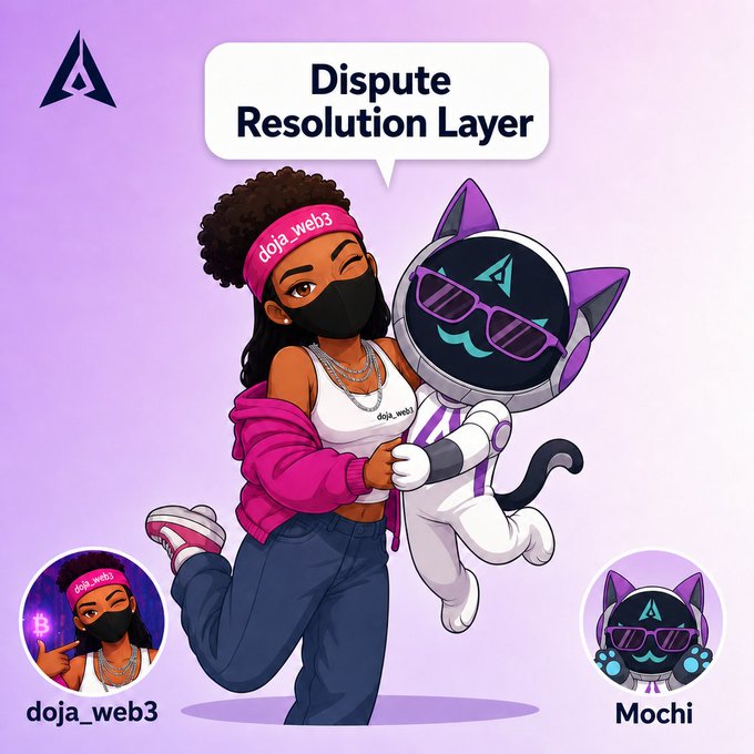 The image features a chibi-style illustration of a woman wearing a "doja_web3" headband and mask alongside a robotic cat named "Mochi," with a speech bubble declaring "Dispute Resolution Layer." This visually represents the user's contribution to a GenLayer community challenge by personifying the platform's role in resolving disputes through the duo's creative branding.