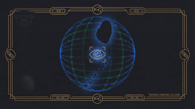 A stylized digital graphic depicting an all-seeing eye within a globe made of blue binary code, surrounded by a gold art-deco style border, with the watermark 'TECHNOCRACYATLAS.COM' in the corner.