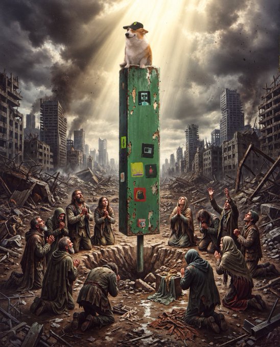In a post-apocalyptic ruined cityscape, hooded figures kneel in prayer around a tall weathered green pillar topped by a small dog wearing a cap, illuminated by divine beams breaking through dark clouds—evoking the hopeful "market is looking green" sentiment and the $CASHDOGS launch referenced in the caption.