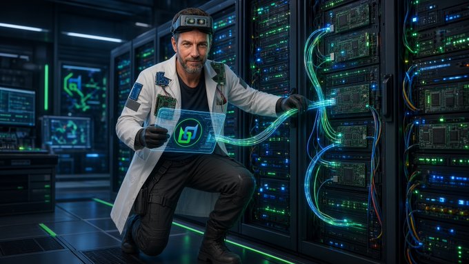 A man in a white lab coat and VR headset kneels in a high-tech server room, holding a holographic "B5" display while working with glowing blue cables connected to racks of hardware, symbolizing the technical foundation of Beldex's privacy-first Layer 1 network. The futuristic setup visually reinforces the post's message about building a decentralized identity system (".bdx") that replaces traditional phone/email logins with a secure wallet-based alternative.