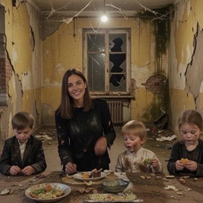The image shows a smiling woman and three children sitting at a messy dining table in a dilapidated, crumbling room with peeling walls and broken windows, illustrating the post's humorous punchline about a family's financial ruin caused by the father chasing memecoin trading dreams. The contrast between their cheerful demeanor and the decayed surroundings captures the joke of optimistic family life amid crypto-fueled financial loss.