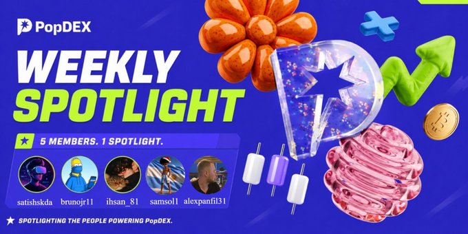 A 'PopDEX Weekly Spotlight' graphic featuring 5 members (satishkda, brunojr11, ihsan_81, samsol1, alexpanfil31) with the tagline 'SPOTLIGHTING THE PEOPLE POWERING PopDEX.'