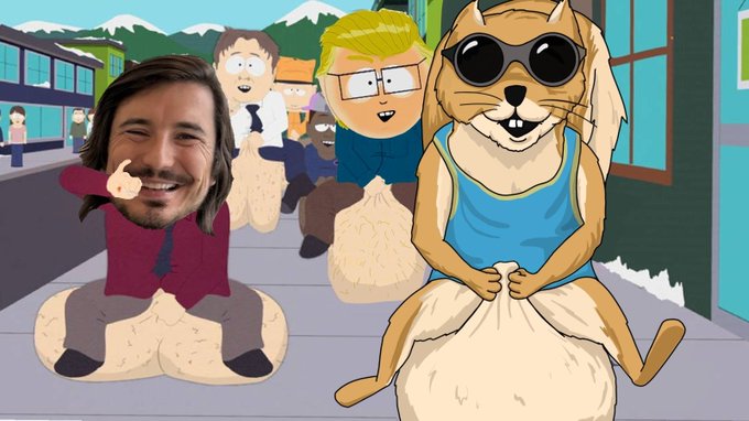 A meme combining a real man's smiling face onto a South Park character sitting on a bag with the Squirrel Squad mascot in sunglasses, all lined up on bags of "$NUTS" — visualizing the post's playful "Riding our bag of $NUTS in the hood" caption as a group of cartoonish characters perched atop their sacks of the token.
