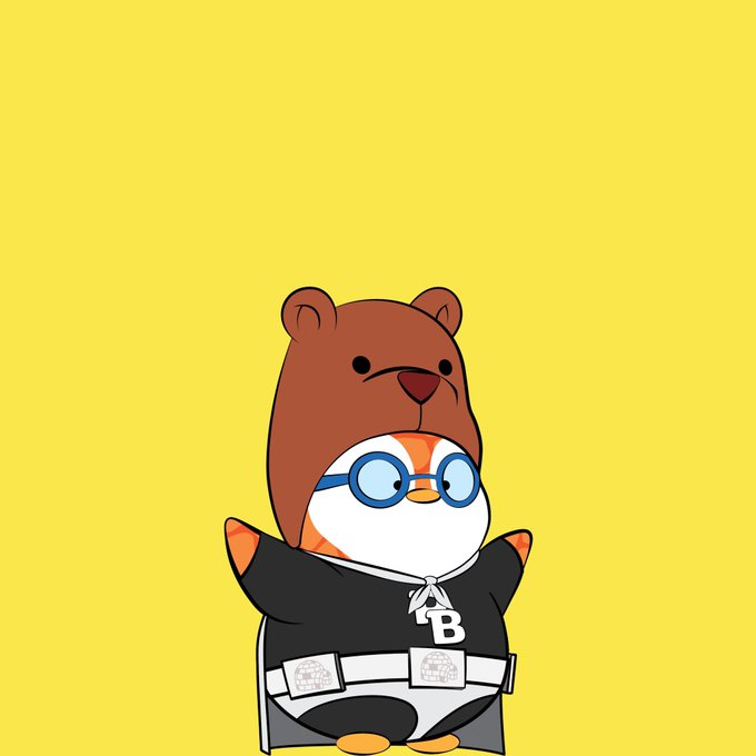 A cartoon mascot character on a yellow background wearing a brown bear hoodie, blue glasses, a black hoodie, a cape, and a utility belt featuring a "B" logo.