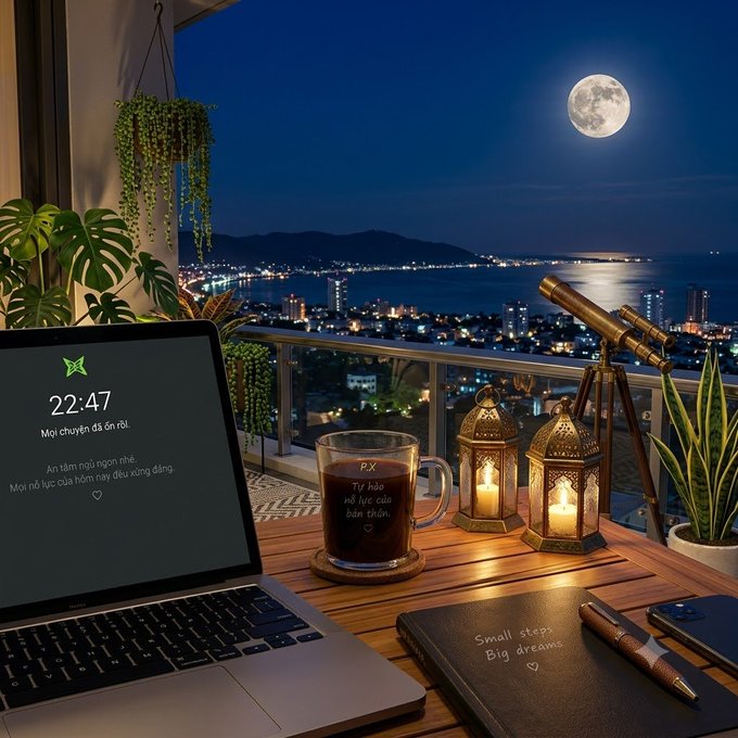 A cozy nighttime workspace on a balcony with a view of a city and ocean under a full moon, featuring a laptop showing 22:47, a mug, candles, a telescope, and a notebook reading 'Small steps, Big dreams'.