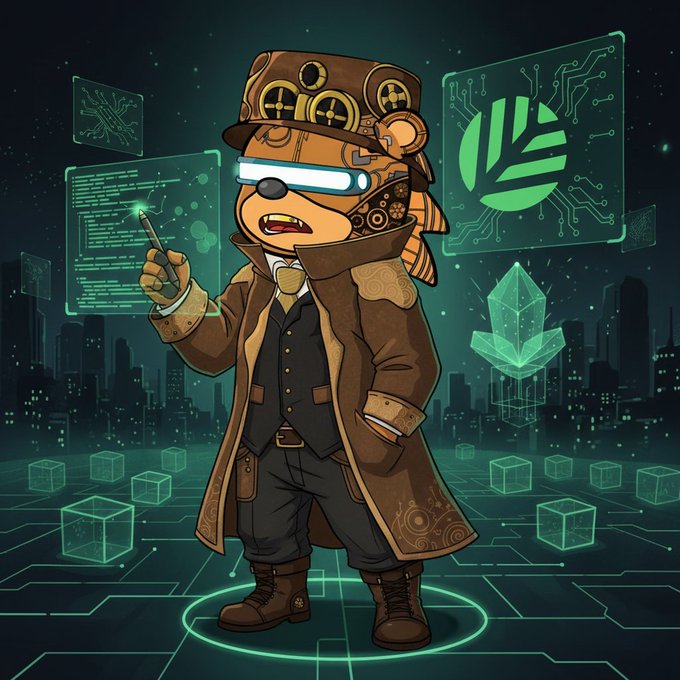 A cartoon illustration of a steampunk-style bear character wearing goggles and a brown coat, holding a stylus, with a green planet logo displayed on a holographic screen.