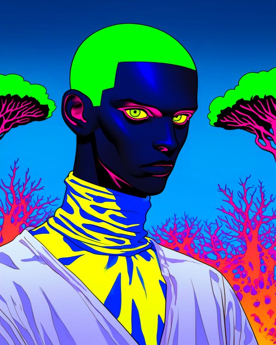 The image features an illustration of a man with green eyes wearing a white shirt and a blue scarf around his neck. The background includes trees and other elements that create a surreal atmosphere. The caption "good night frens been a while I earn some quacks on @wallchain anyways, we go again tomorrow" is present in the image, suggesting it might be related to an online post or social media account.

The man's face has green eyes, and he appears to have a unique style with his clothing choices. The trees and other elements in the background contribute to the surreal nature of the scene.