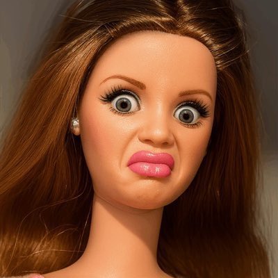 A close-up of a stylized doll or digital character with long brown hair, wide blue eyes, pearl earrings, and glossy pink lips against a neutral background.