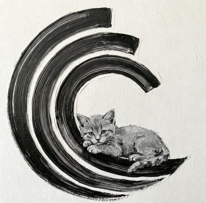 An artistic black-and-white painting of a gray tabby cat resting inside a stylized crescent shape made of thick black brushstrokes on a white background.